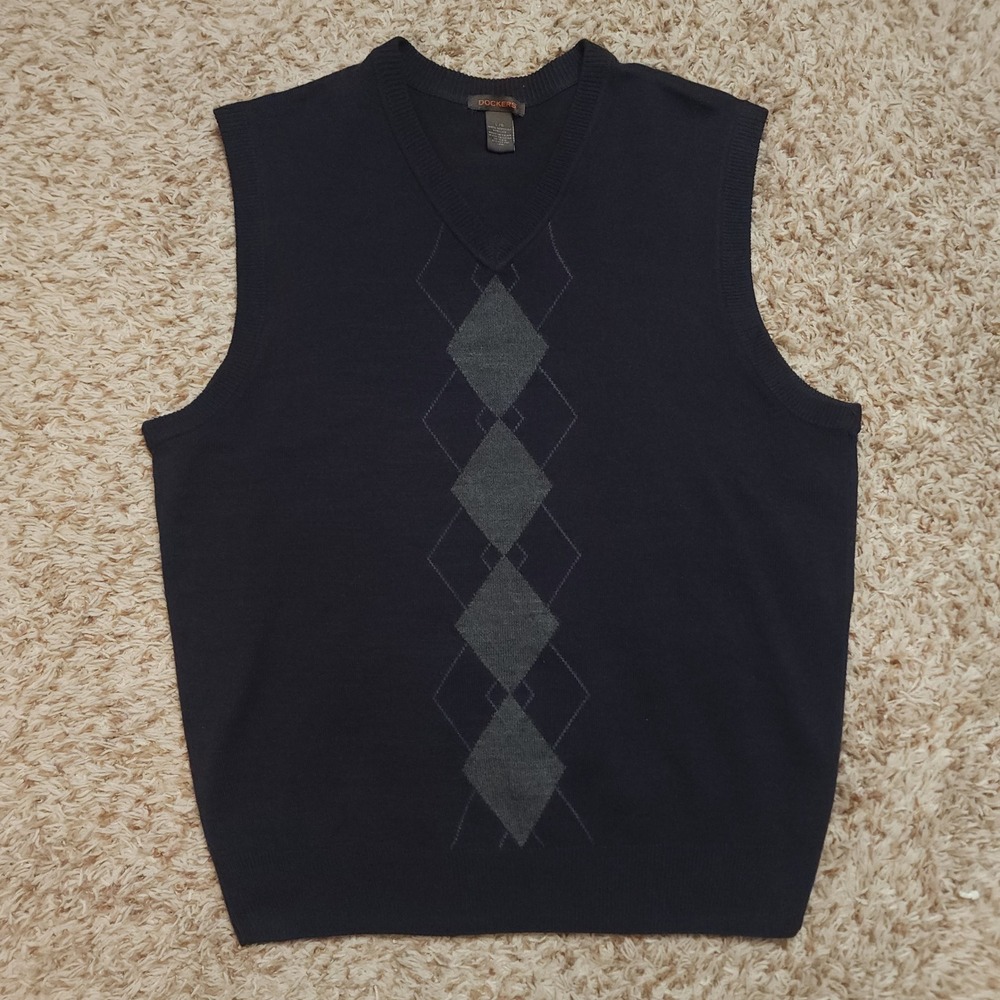 Dockers Sweater Vest Mens L Navy Blue Argyle V-Neck Acrylic Knit Sleeveless